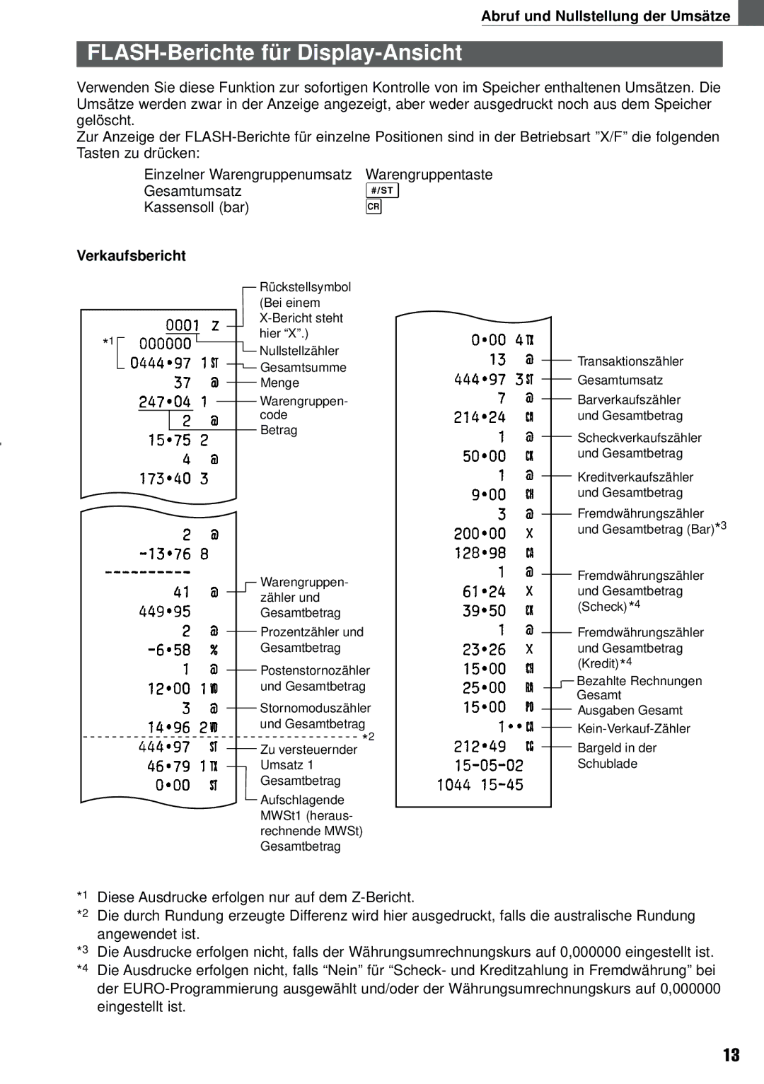 Weider XE-A101 FLASH-Berichte für Display-Ansicht, Abruf und Nullstellung der Umsätze, Gesamtumsatz Kassensoll bar 