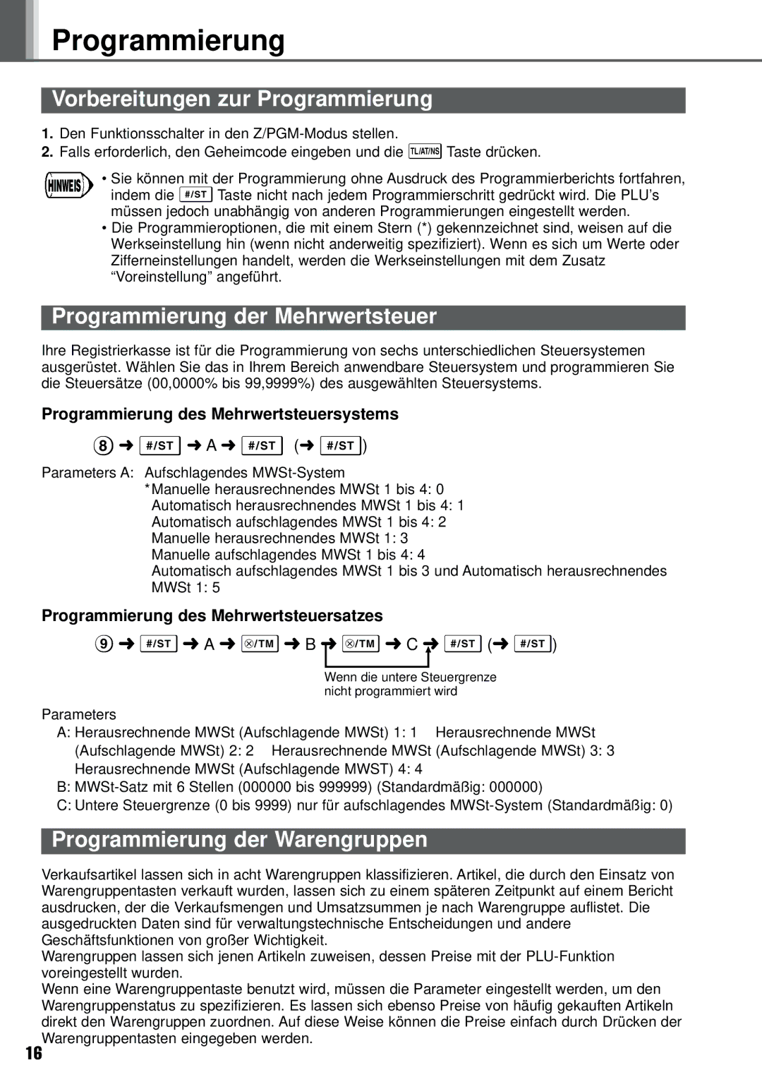 Weider XE-A101 Vorbereitungen zur Programmierung, Programmierung der Mehrwertsteuer, Programmierung der Warengruppen 