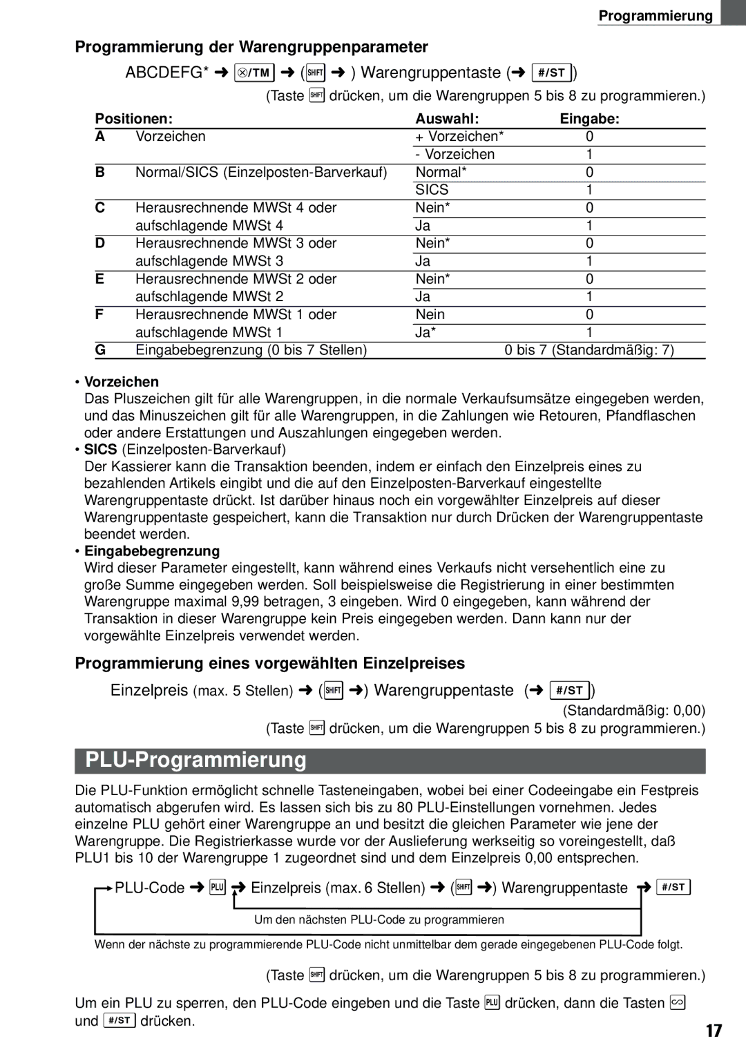 Weider XE-A101 instruction manual PLU-Programmierung, Programmierung der Warengruppenparameter 