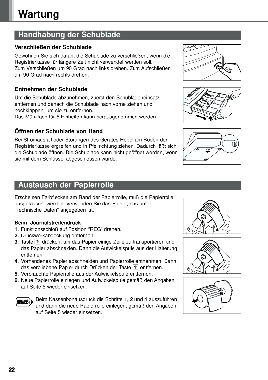 Weider XE-A101 instruction manual Wartung, Handhabung der Schublade, Austausch der Papierrolle 