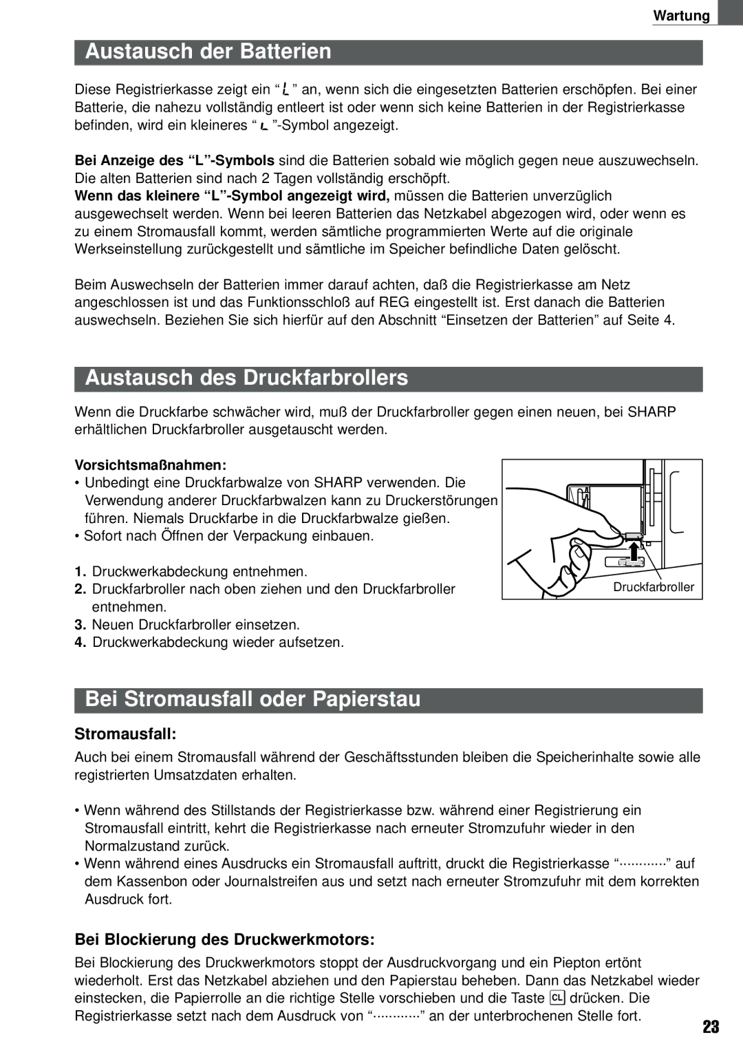 Weider XE-A101 instruction manual Austausch der Batterien, Austausch des Druckfarbrollers, Bei Stromausfall oder Papierstau 