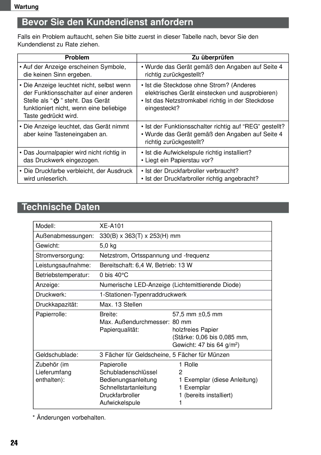 Weider XE-A101 instruction manual Bevor Sie den Kundendienst anfordern, Technische Daten, Problem Zu überprüfen 