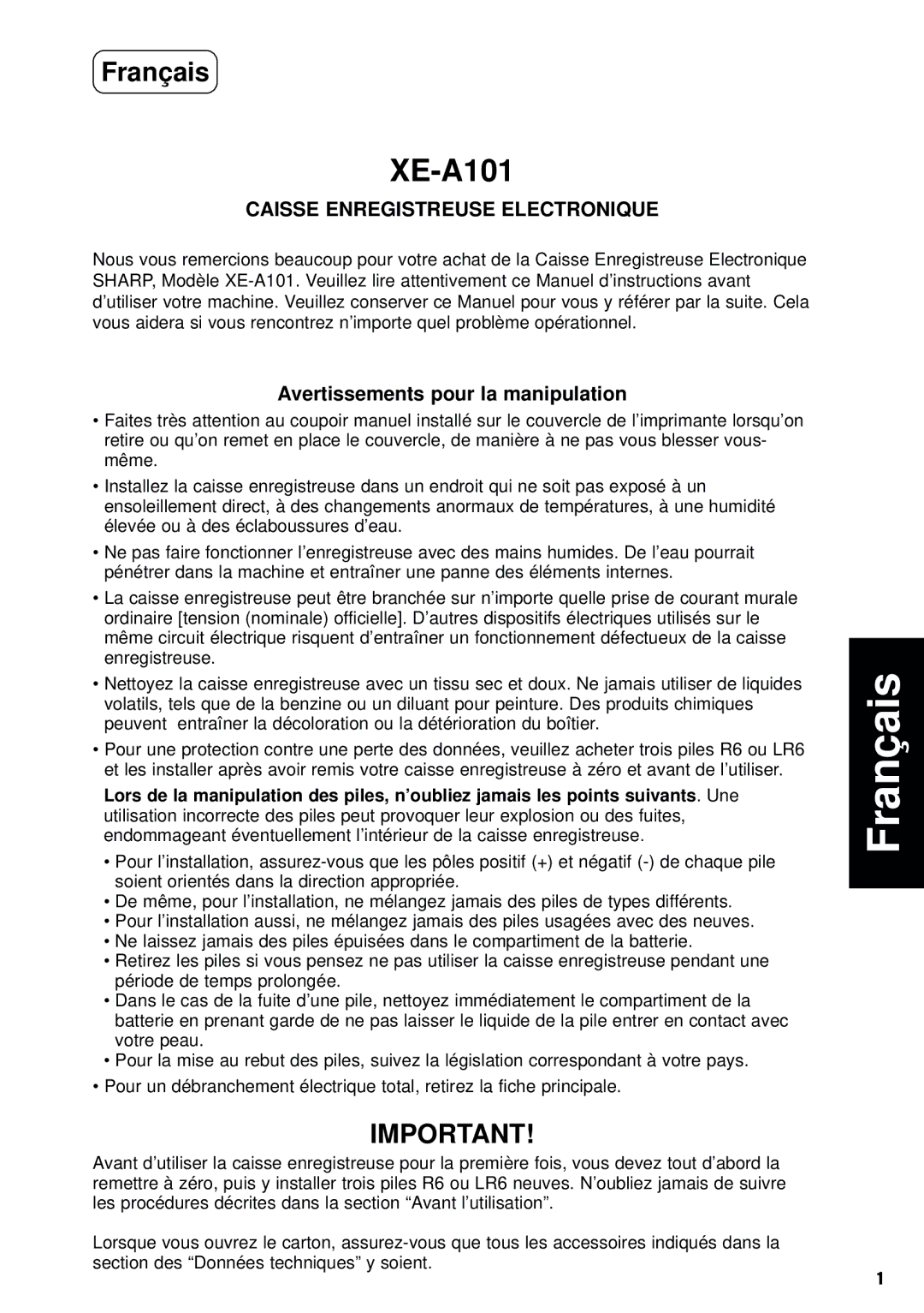 Weider XE-A101 instruction manual Caisse Enregistreuse Electronique, Avertissements pour la manipulation 