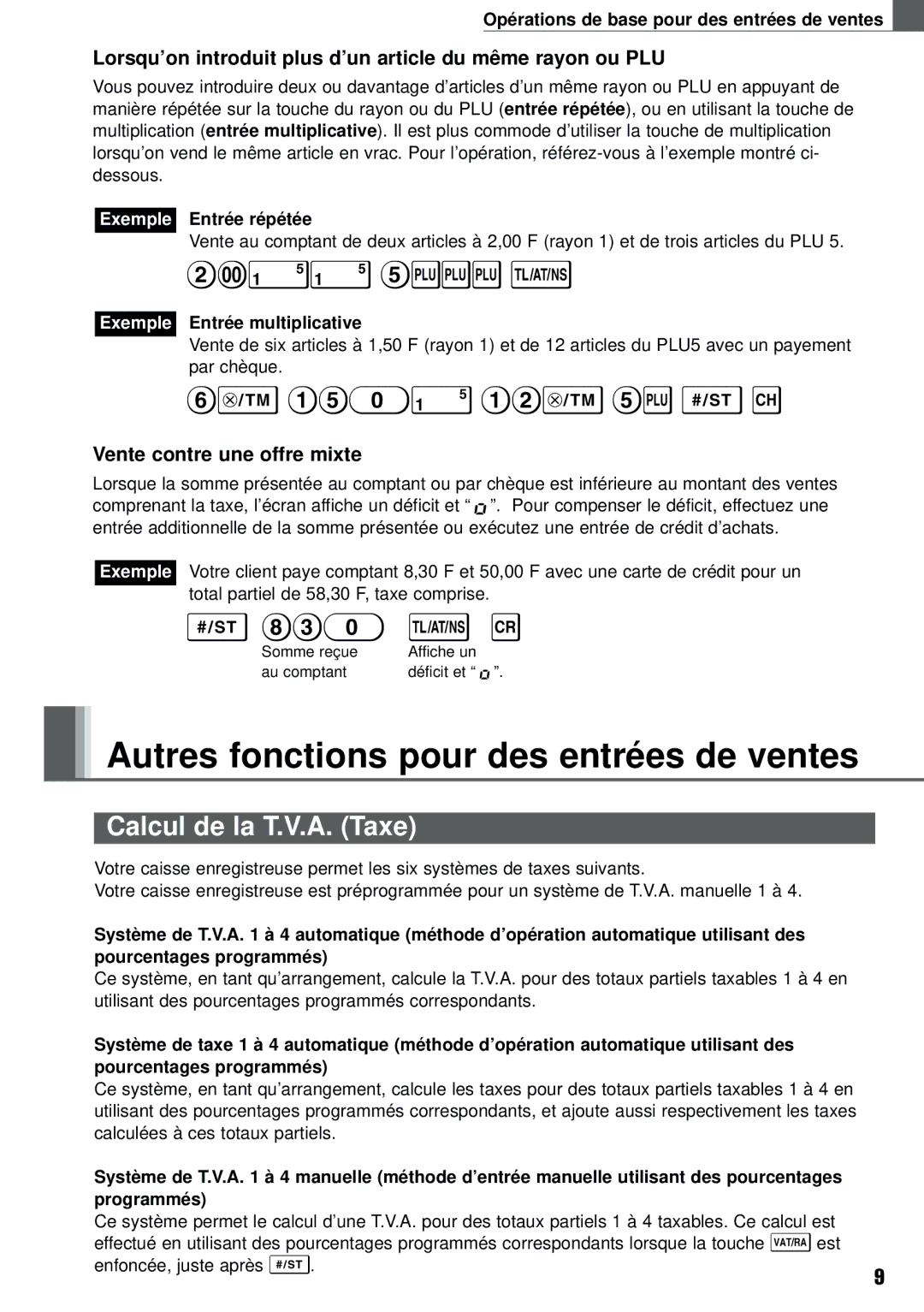 Weider XE-A101 Autres fonctions pour des entrées de ventes, Calcul de la T.V.A. Taxe, Vente contre une offre mixte 