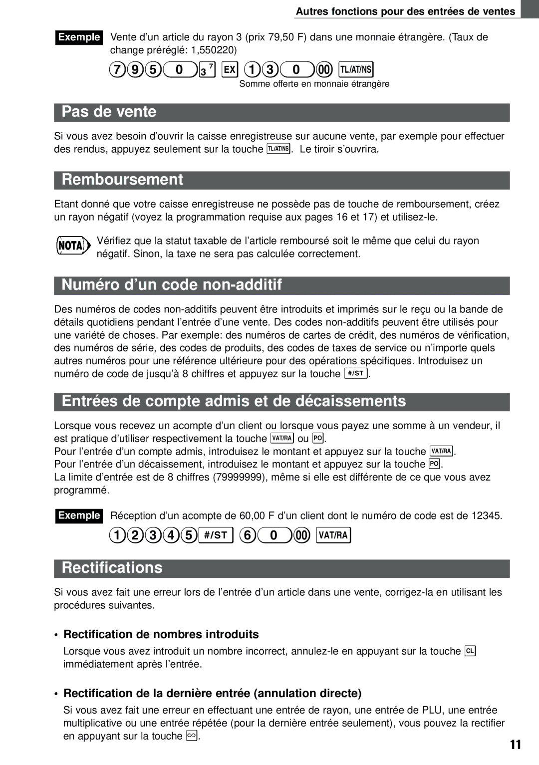 Weider XE-A101 Pas de vente, Remboursement, Numéro d’un code non-additif, Entrées de compte admis et de décaissements 