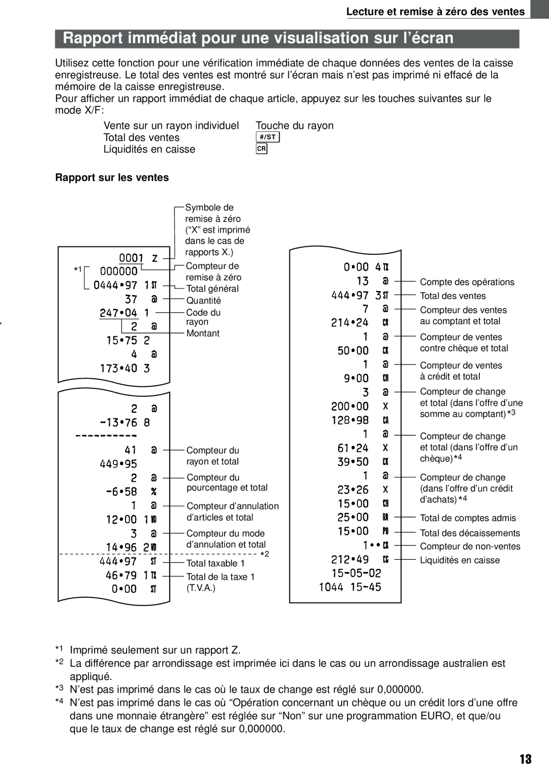 Weider XE-A101 instruction manual Rapport immédiat pour une visualisation sur l’écran, Lecture et remise à zéro des ventes 