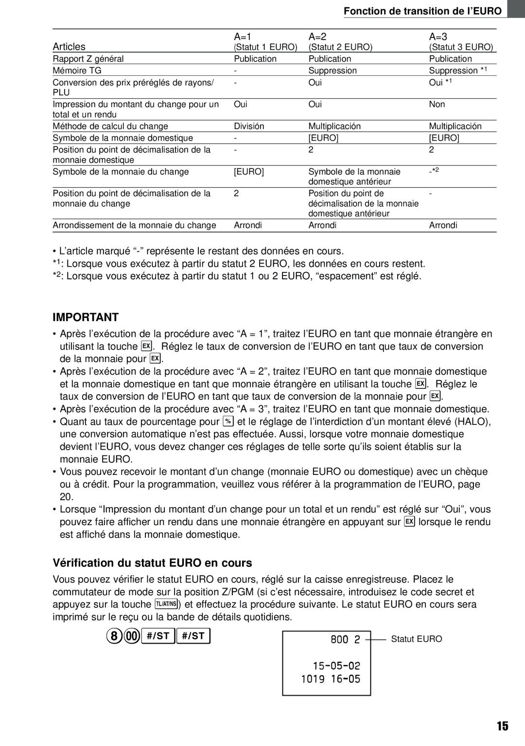 Weider XE-A101 instruction manual Vérification du statut Euro en cours, Fonction de transition de l’EURO, Articles 