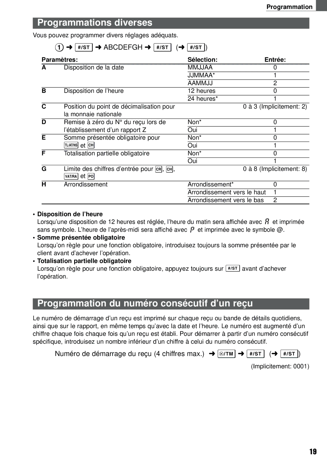 Weider XE-A101 Programmations diverses, Programmation du numéro consécutif d’un reçu, Disposition de l’heure 