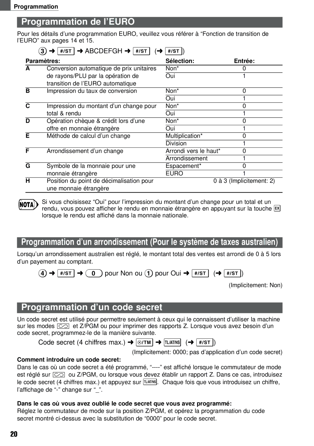 Weider XE-A101 instruction manual Programmation de l’EURO, Programmation d’un code secret, Implicitement Non 