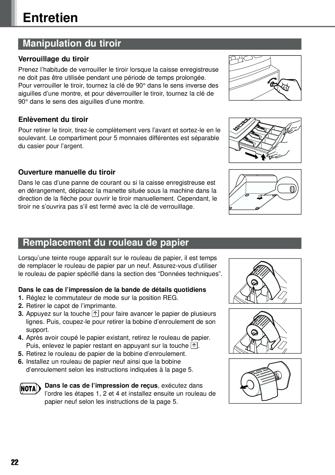 Weider XE-A101 instruction manual Entretien, Manipulation du tiroir, Remplacement du rouleau de papier 