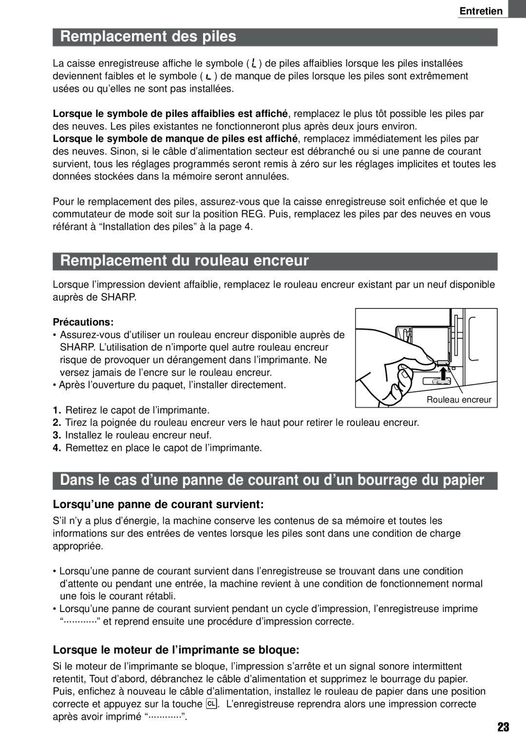 Weider XE-A101 Remplacement des piles, Remplacement du rouleau encreur, Lorsqu’une panne de courant survient 