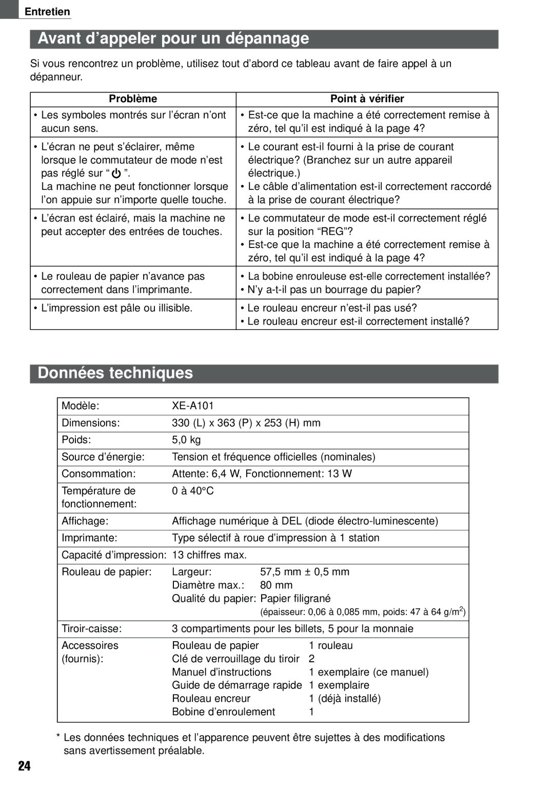 Weider XE-A101 instruction manual Avant d’appeler pour un dépannage, Données techniques, Problème Point à vérifier 