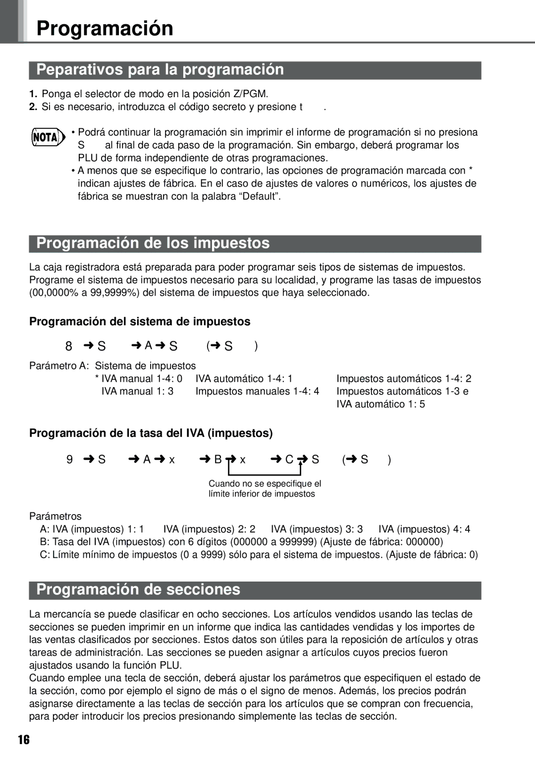 Weider XE-A101 Peparativos para la programación, Programación de los impuestos, Programación de secciones 