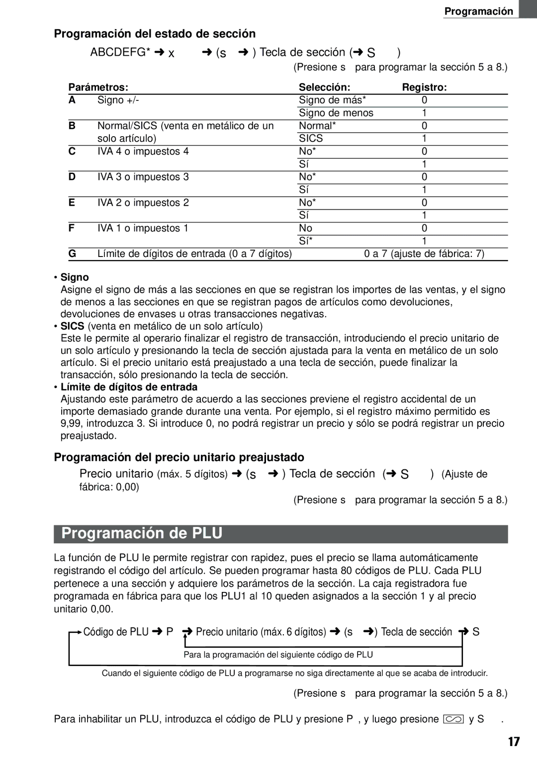 Weider XE-A101 Programación de PLU, Programación del estado de sección, Programación del precio unitario preajustado 