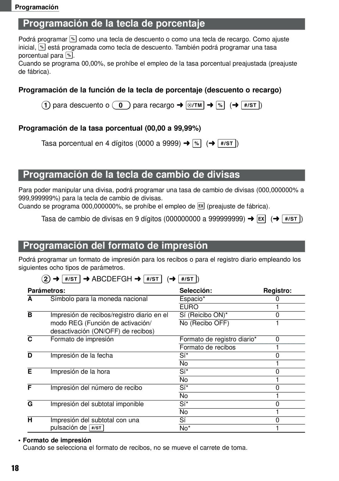 Weider XE-A101 Programación de la tecla de porcentaje, Programación de la tecla de cambio de divisas, Formato de impresión 