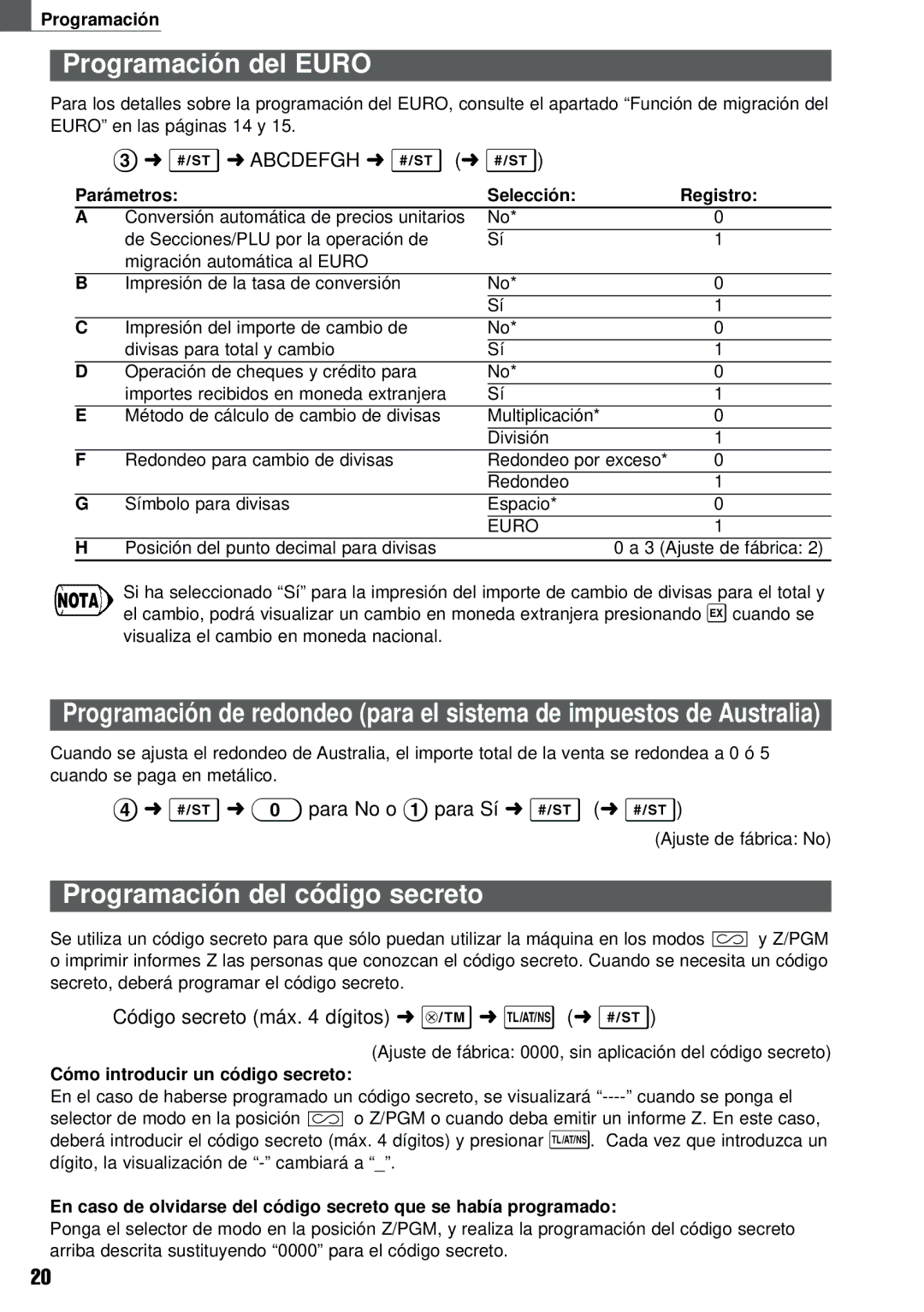 Weider XE-A101 instruction manual Programación del Euro, Programación del código secreto, Cómo introducir un código secreto 