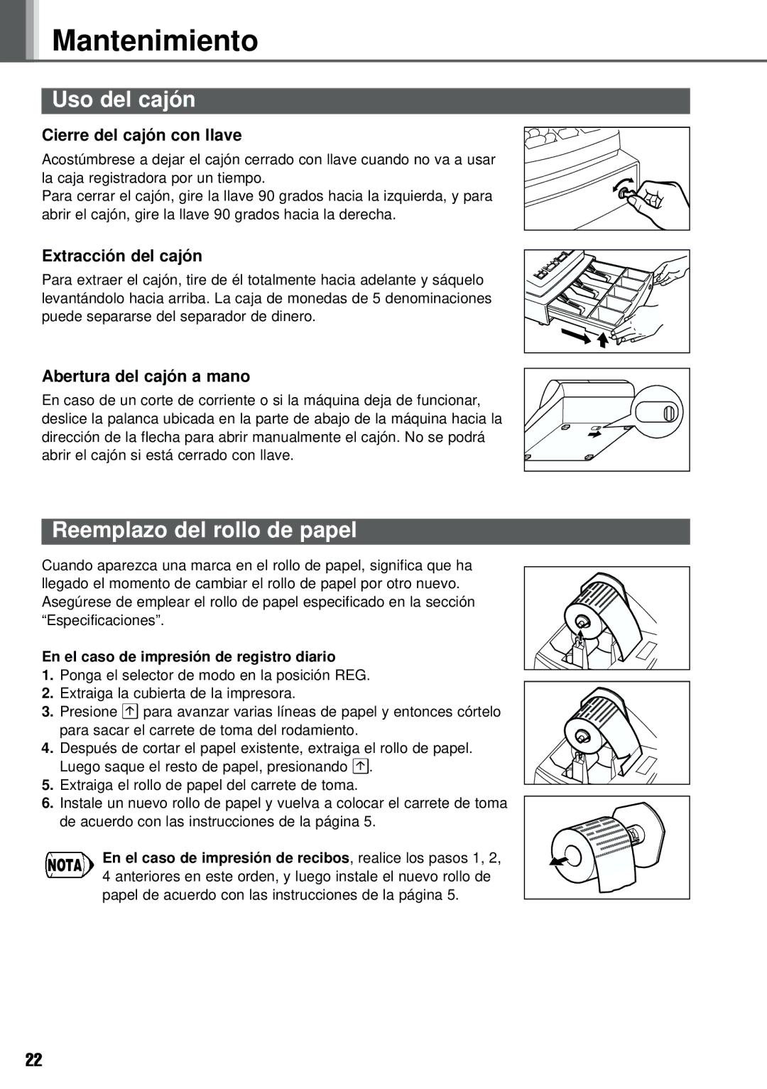 Weider XE-A101 instruction manual Mantenimiento, Uso del cajón, Reemplazo del rollo de papel 