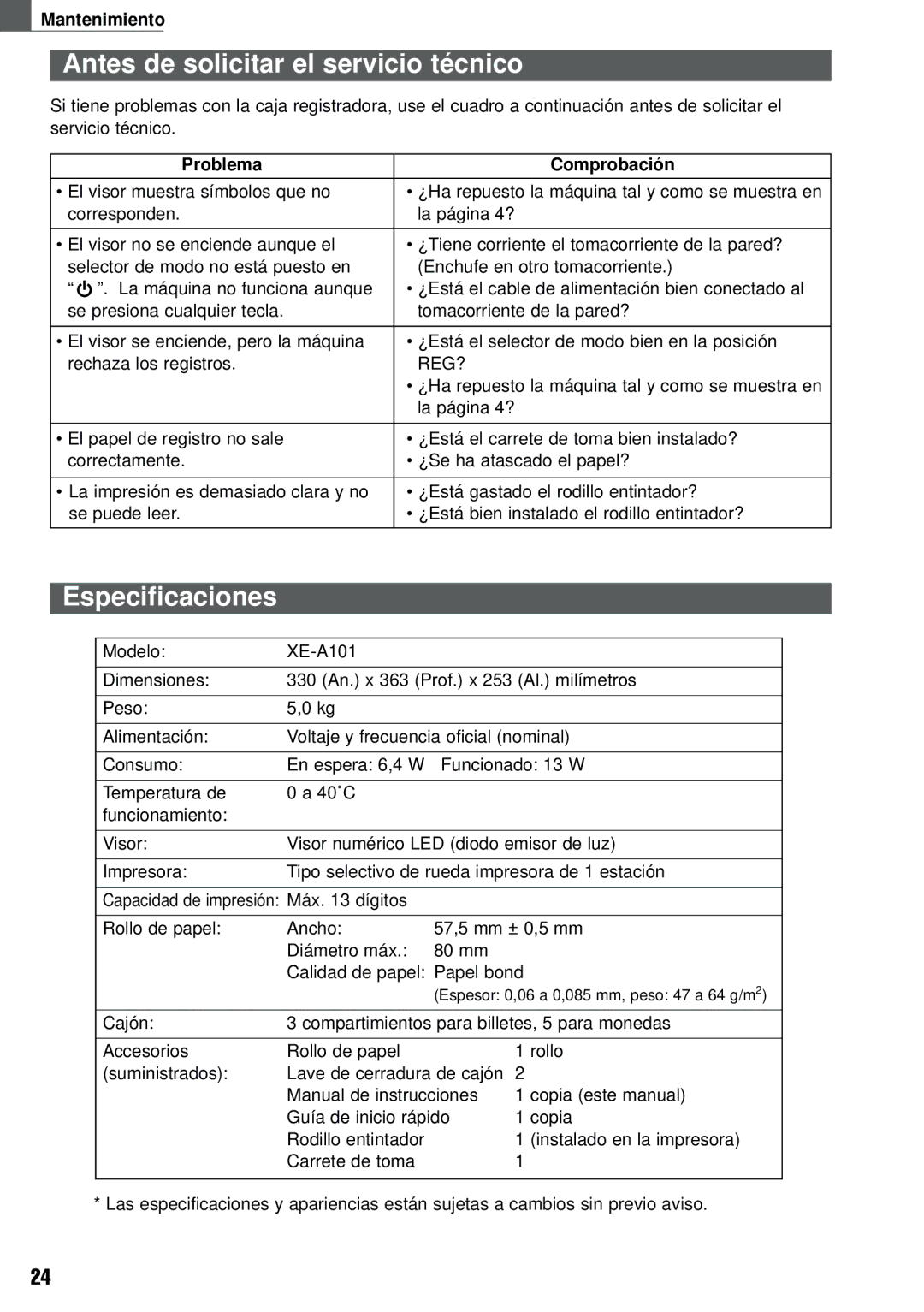 Weider XE-A101 instruction manual Antes de solicitar el servicio técnico, Especificaciones, Problema Comprobación 