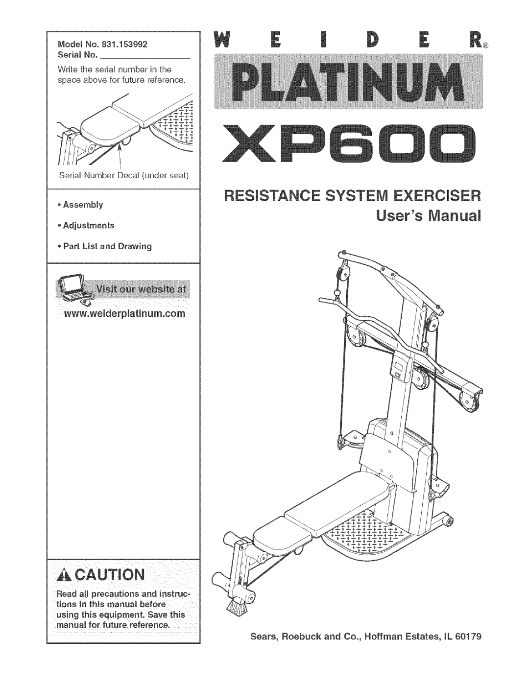 Weider XP600 user manual Resistance System Exerciser, CAUTmON 