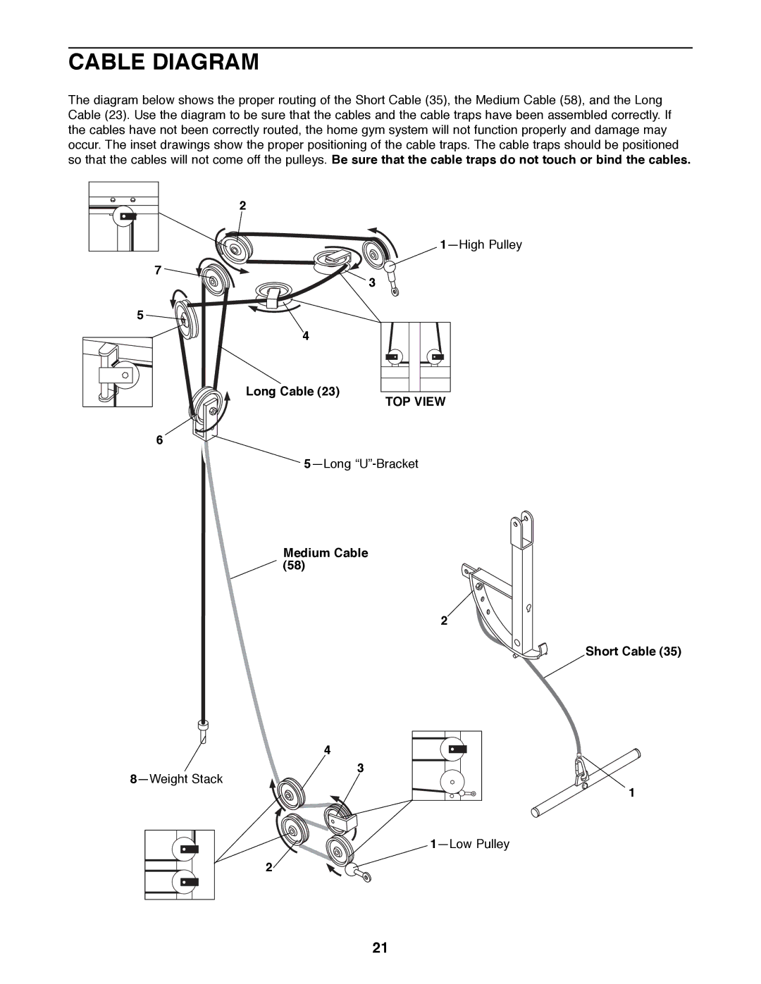 Weider XR20 user manual Cable Diagram, Long Cable, TOP View, Medium Cable, Short Cable 