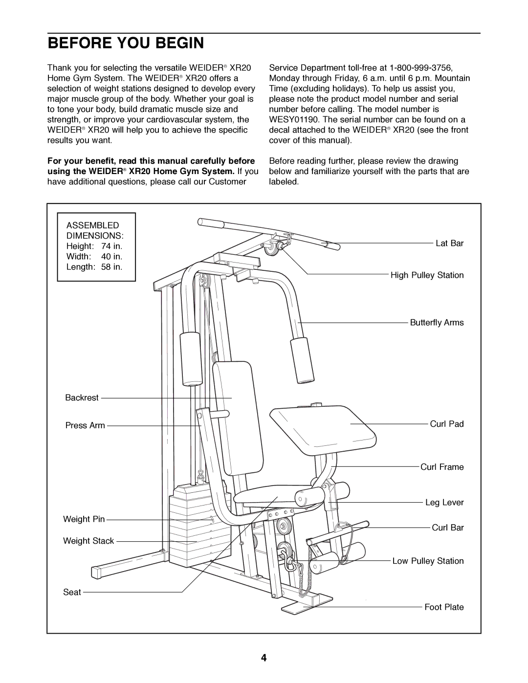 Weider XR20 user manual Before YOU Begin, Assembled Dimensions 