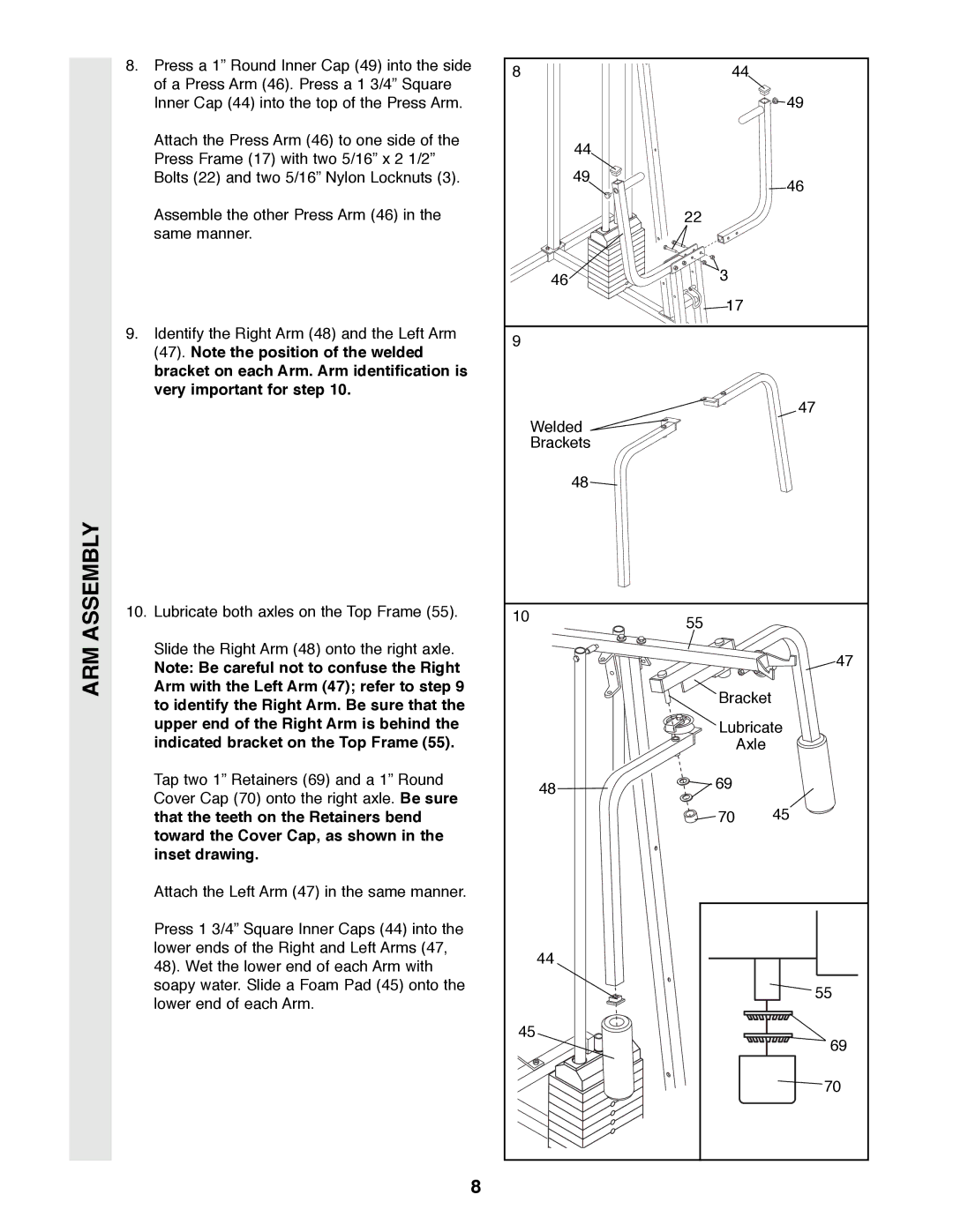 Weider XR20 user manual Arm with the Left Arm 47 refer to step, Indicated bracket on the Top Frame 