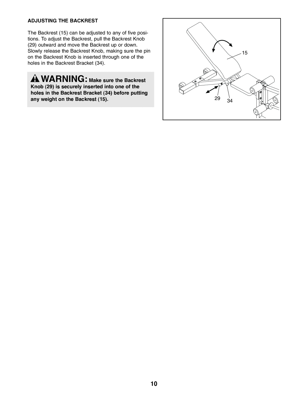 Weider XT20 user manual Adjusting the Backrest 