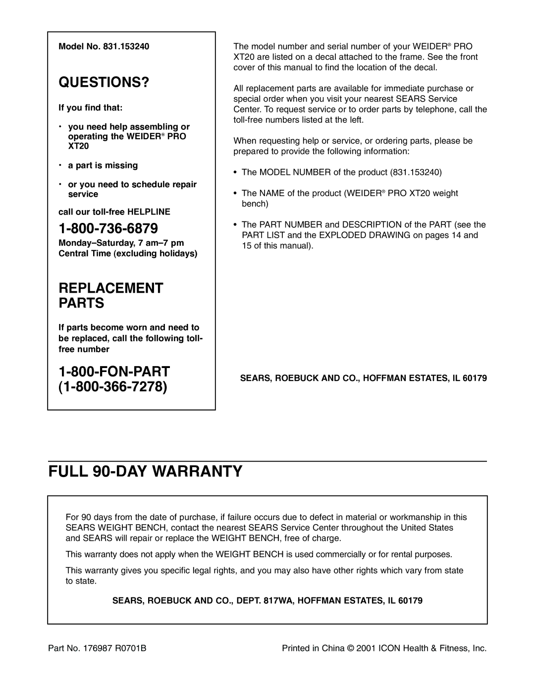 Weider XT20 user manual Full 90-DAY Warranty, Model No, SEARS, Roebuck and CO., Dept WA, Hoffman ESTATES, IL 