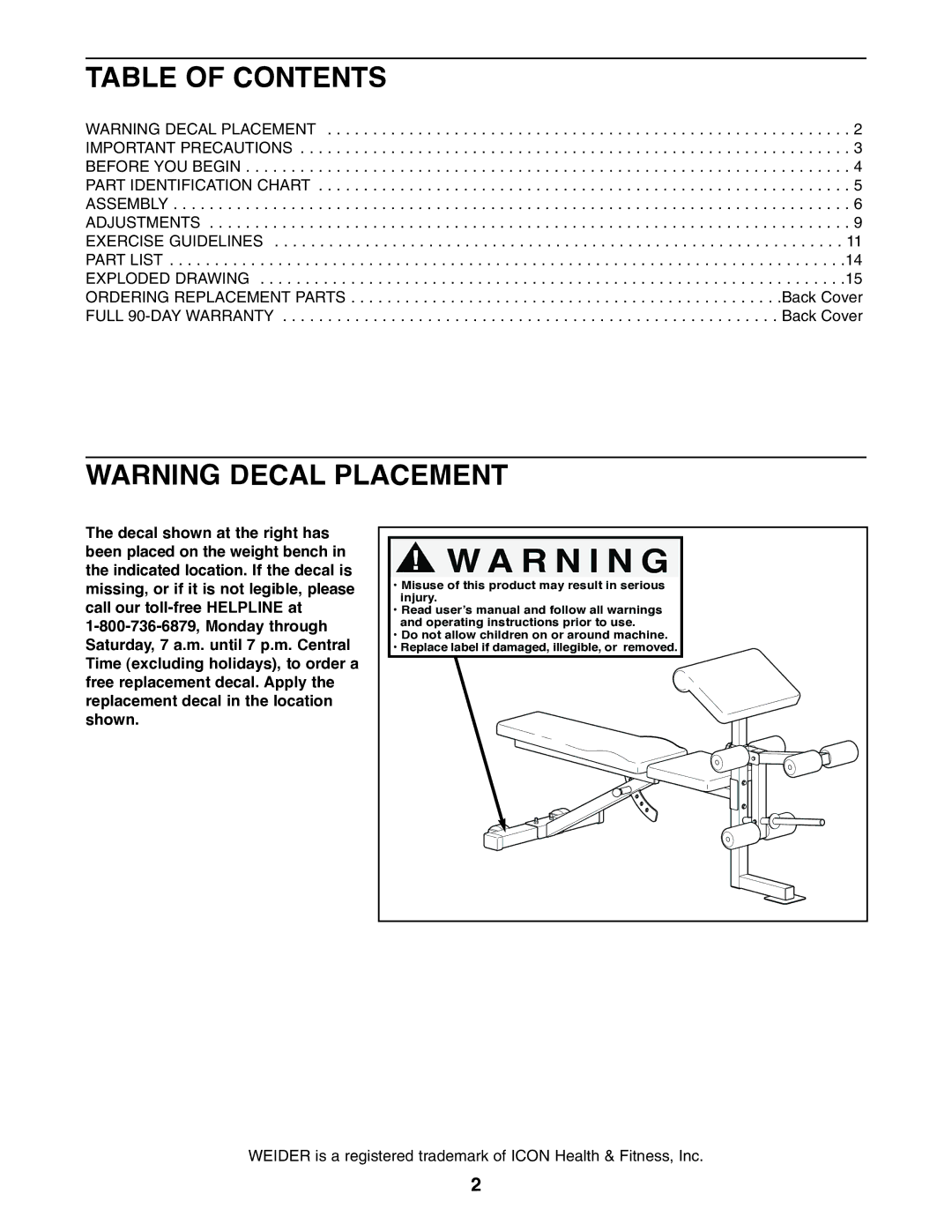 Weider XT20 user manual R N I N G, Table of Contents 