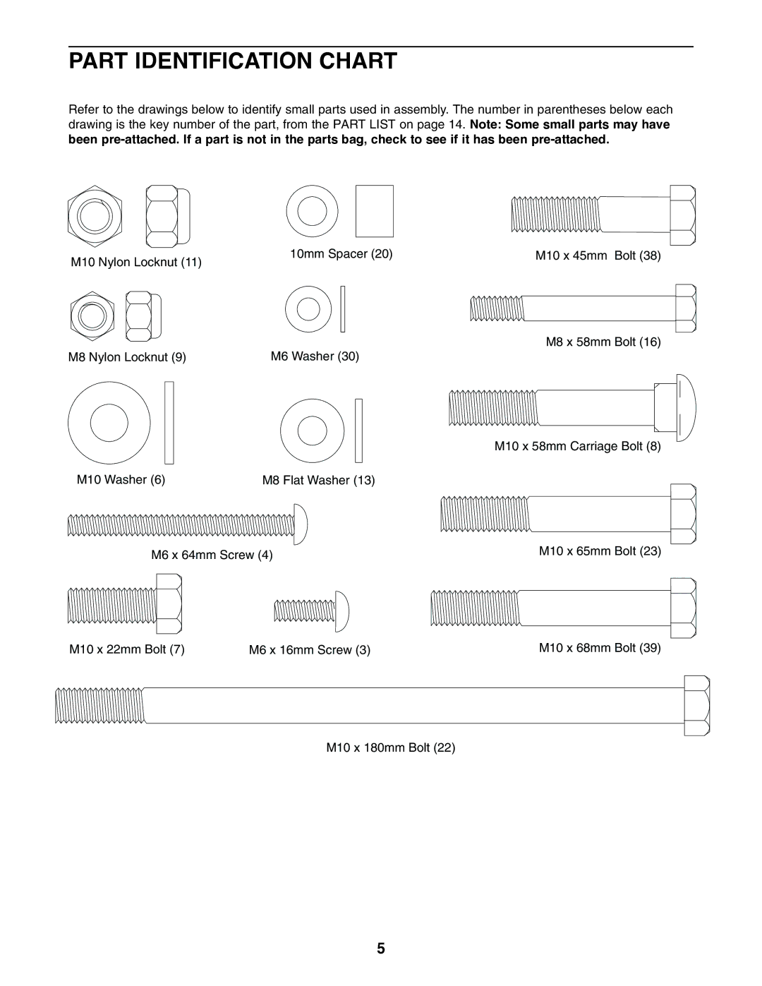 Weider XT20 user manual Part Identification Chart 