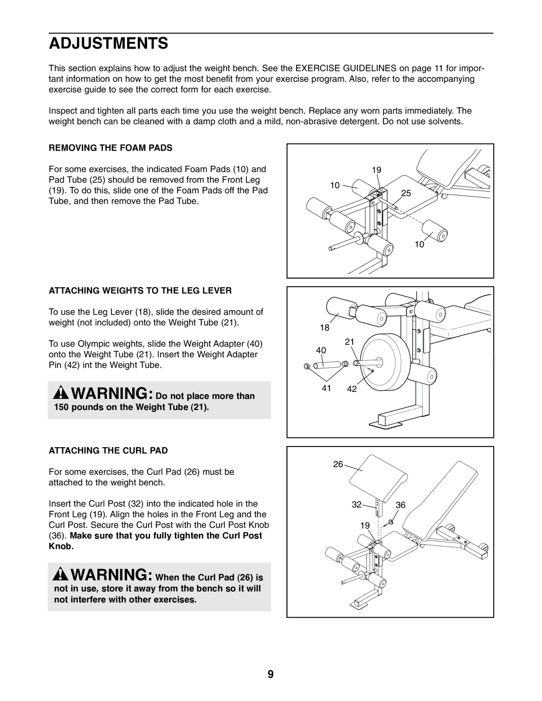 Weider XT20 Adjustments, Removing the Foam Pads, Attaching Weights to the LEG Lever, Attaching the Curl PAD, Knob 