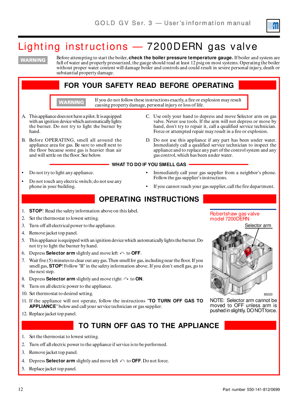 Weil-McLain 3 Series manual Lighting instructions 7200DERN gas valve, For Your Safety Read Before Operating 