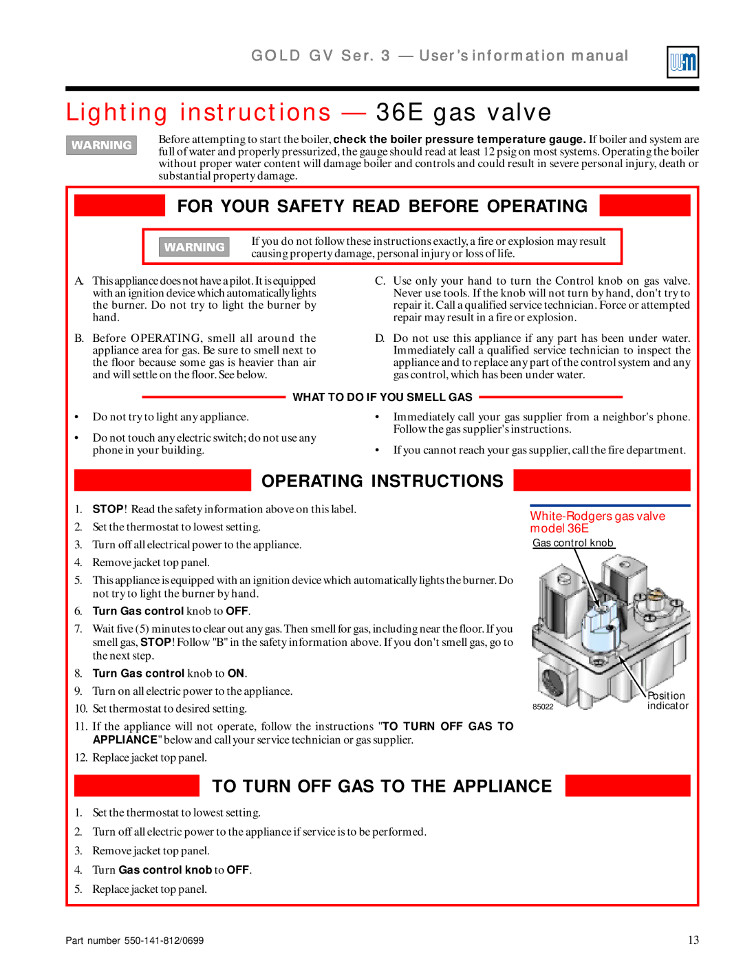 Weil-McLain 3 Series manual Lighting instructions 36E gas valve 