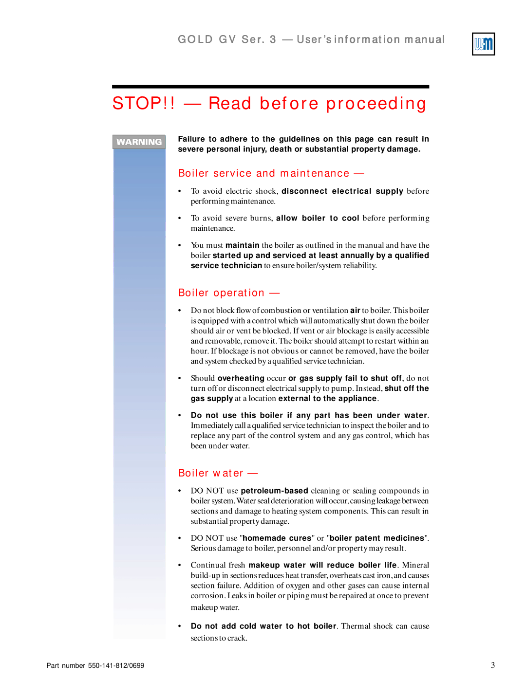 Weil-McLain 3 Series manual STOP!! Read before proceeding, Boiler service and maintenance, Boiler operation, Boiler water 