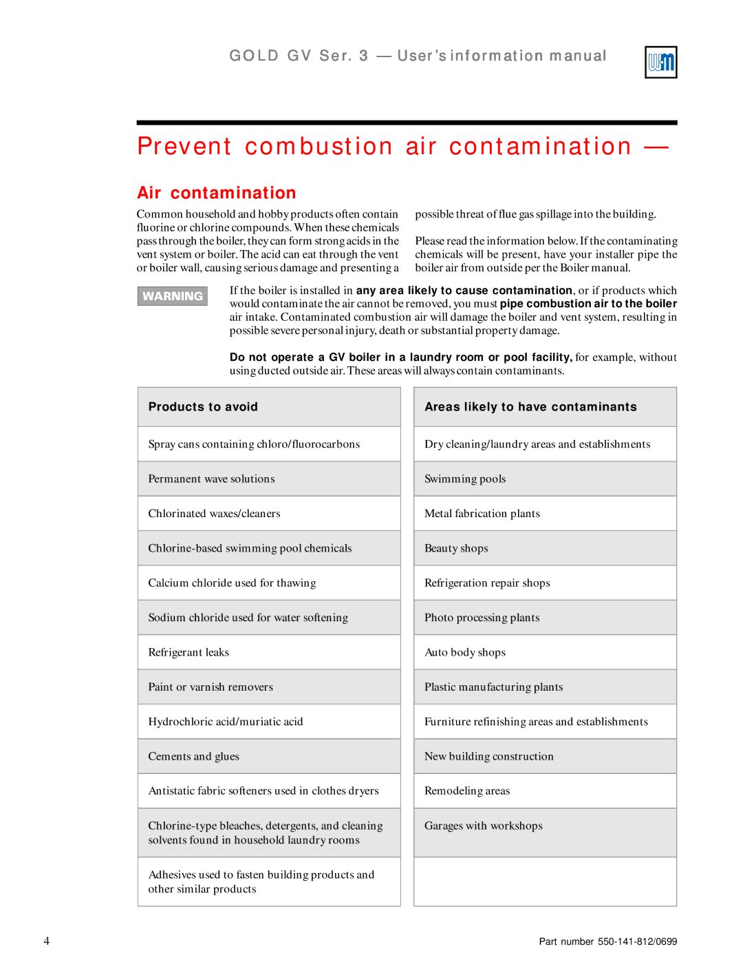 Weil-McLain 3 Series manual Prevent combustion air contamination, Air contamination 