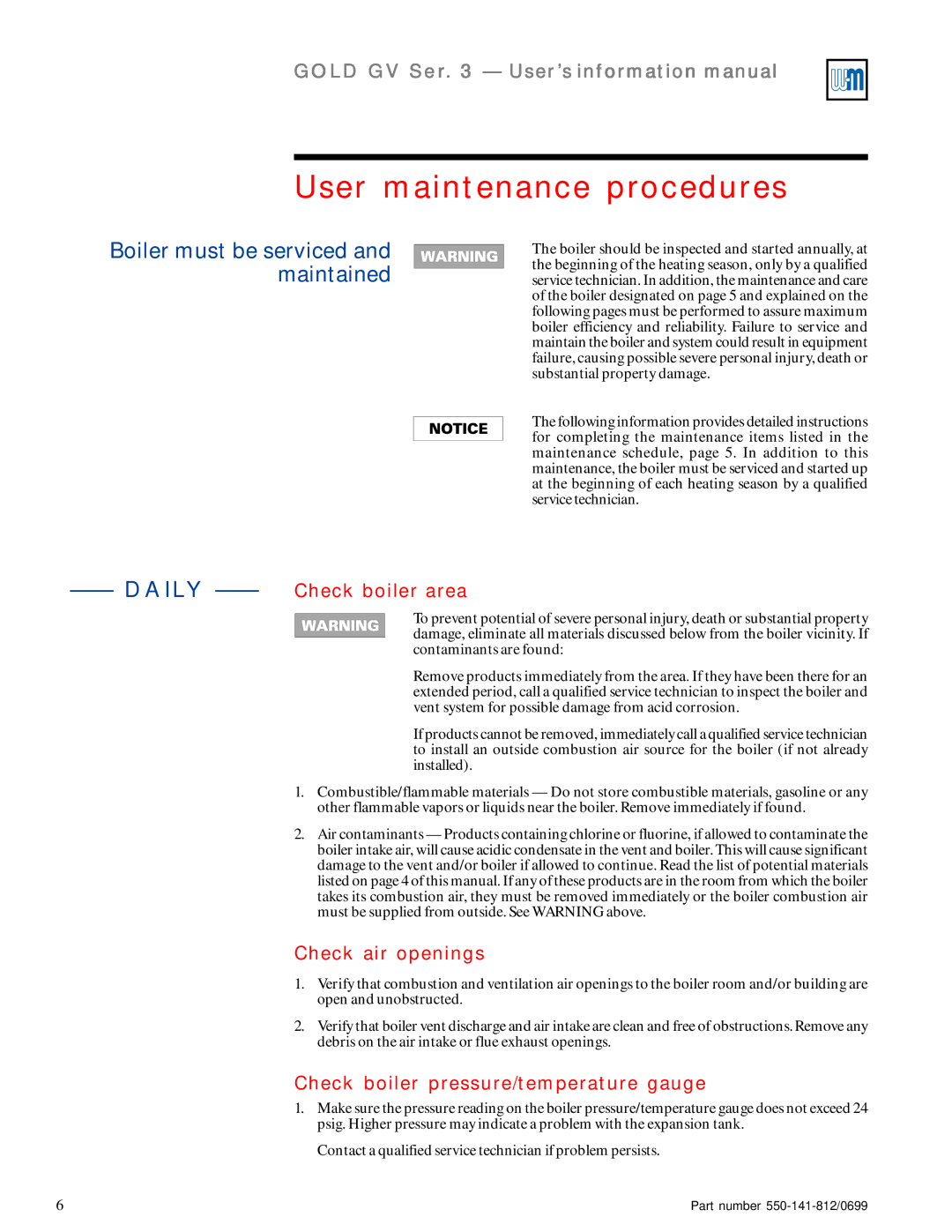 Weil-McLain 3 Series manual User maintenance procedures, Daily --Check boiler area, Check air openings 