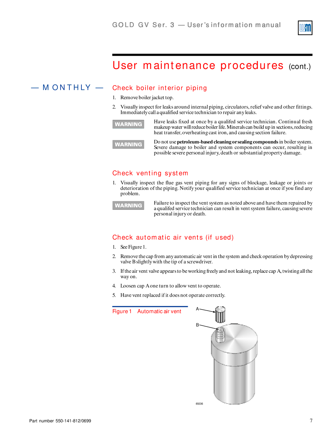 Weil-McLain 3 Series manual Monthly Check boiler interior piping, Check venting system, Check automatic air vents if used 