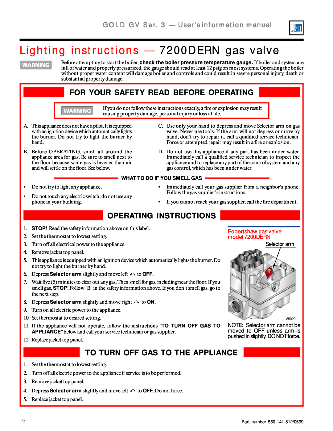 Weil-McLain 3 Series manual Lighting instructions — 7200DERN gas valve, For Your Safety Read Before Operating 