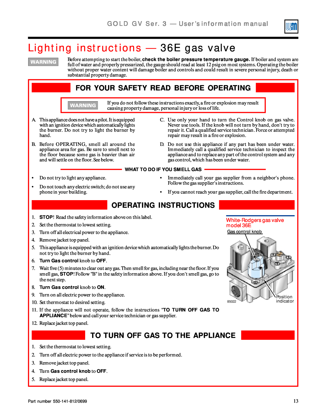 Weil-McLain 3 Series Lighting instructions — 36E gas valve, For Your Safety Read Before Operating, Operating Instructions 