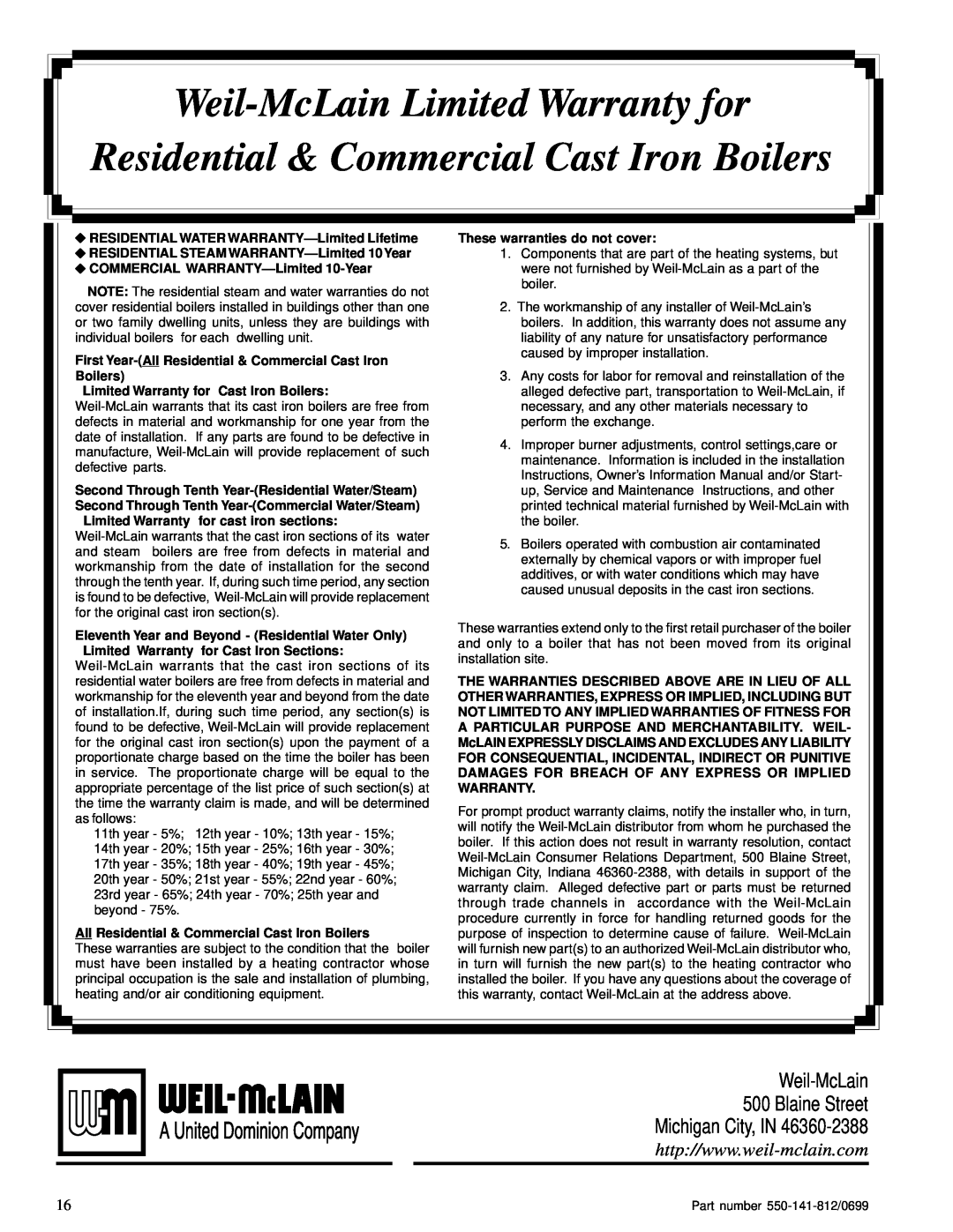 Weil-McLain 3 Series manual Weil-McLainLimited Warranty for, Residential & Commercial Cast Iron Boilers 