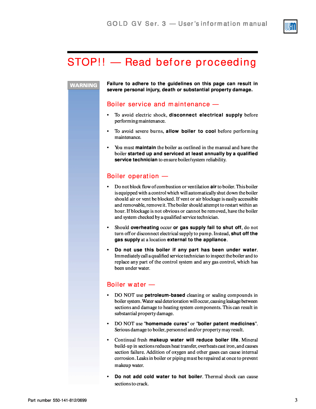 Weil-McLain 3 Series STOP!! — Read before proceeding, GOLD GV Ser. 3 — User’s information manual, Boiler operation 