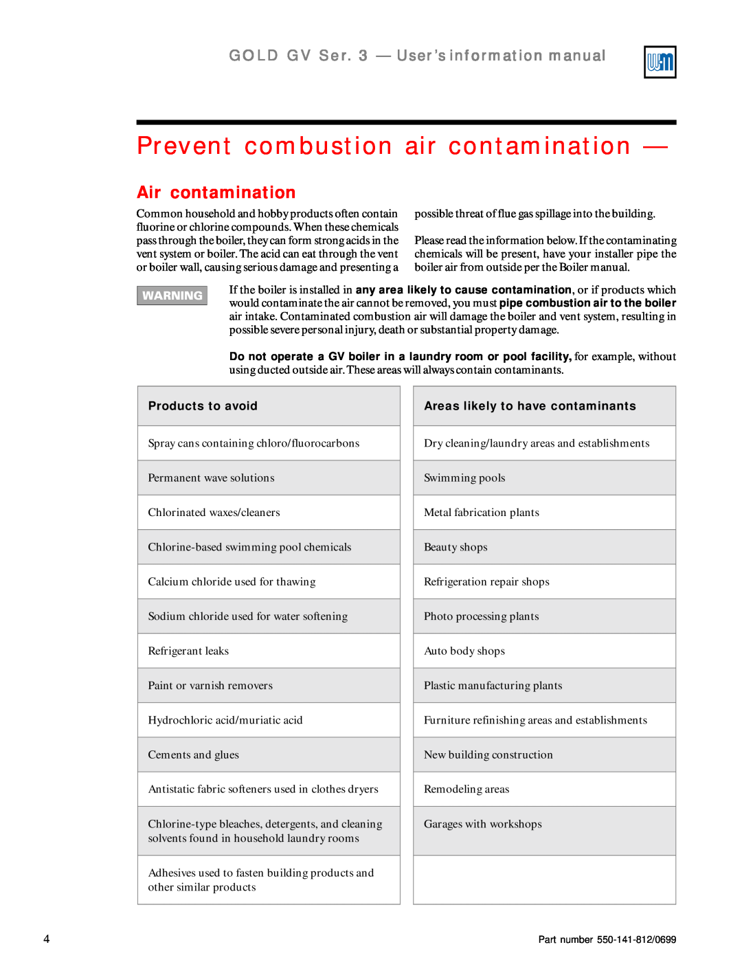 Weil-McLain 3 Series Prevent combustion air contamination, Air contamination, GOLD GV Ser. 3 — User’s information manual 