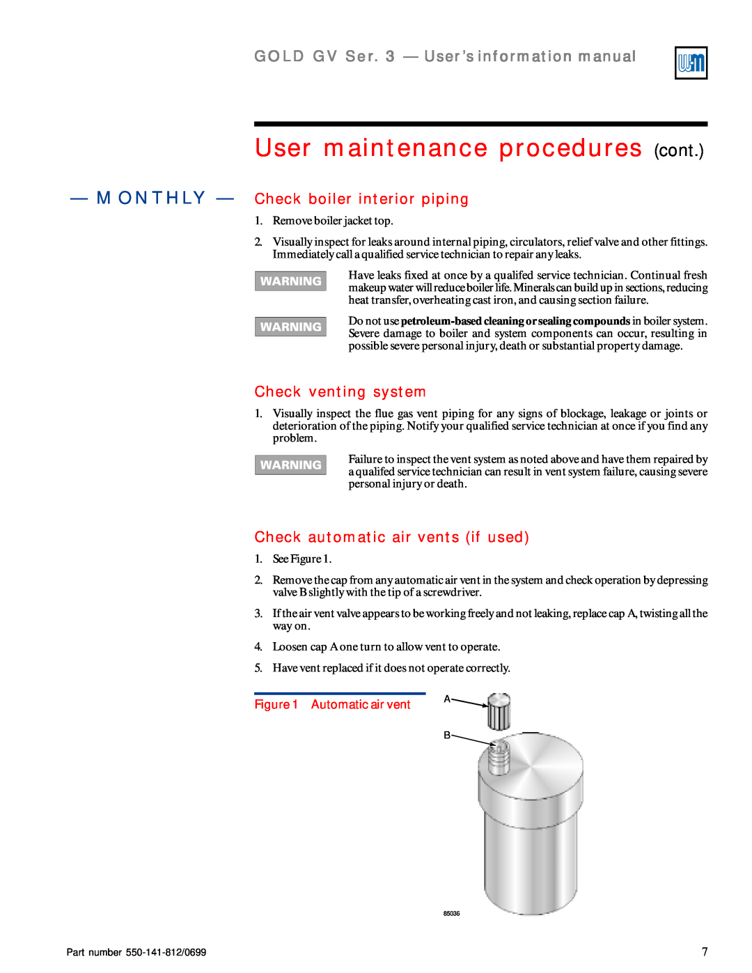 Weil-McLain 3 Series User maintenance procedures cont, GOLD GV Ser. 3 — User’s information manual, Check venting system 