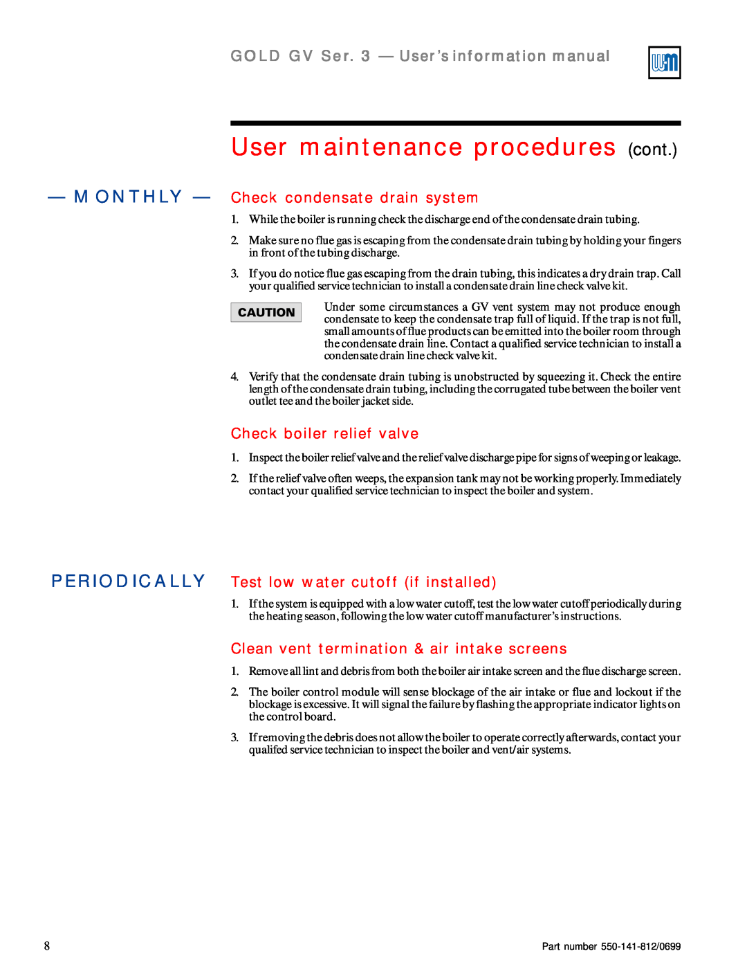 Weil-McLain 3 Series User maintenance procedures cont, GOLD GV Ser. 3 — User’s information manual 