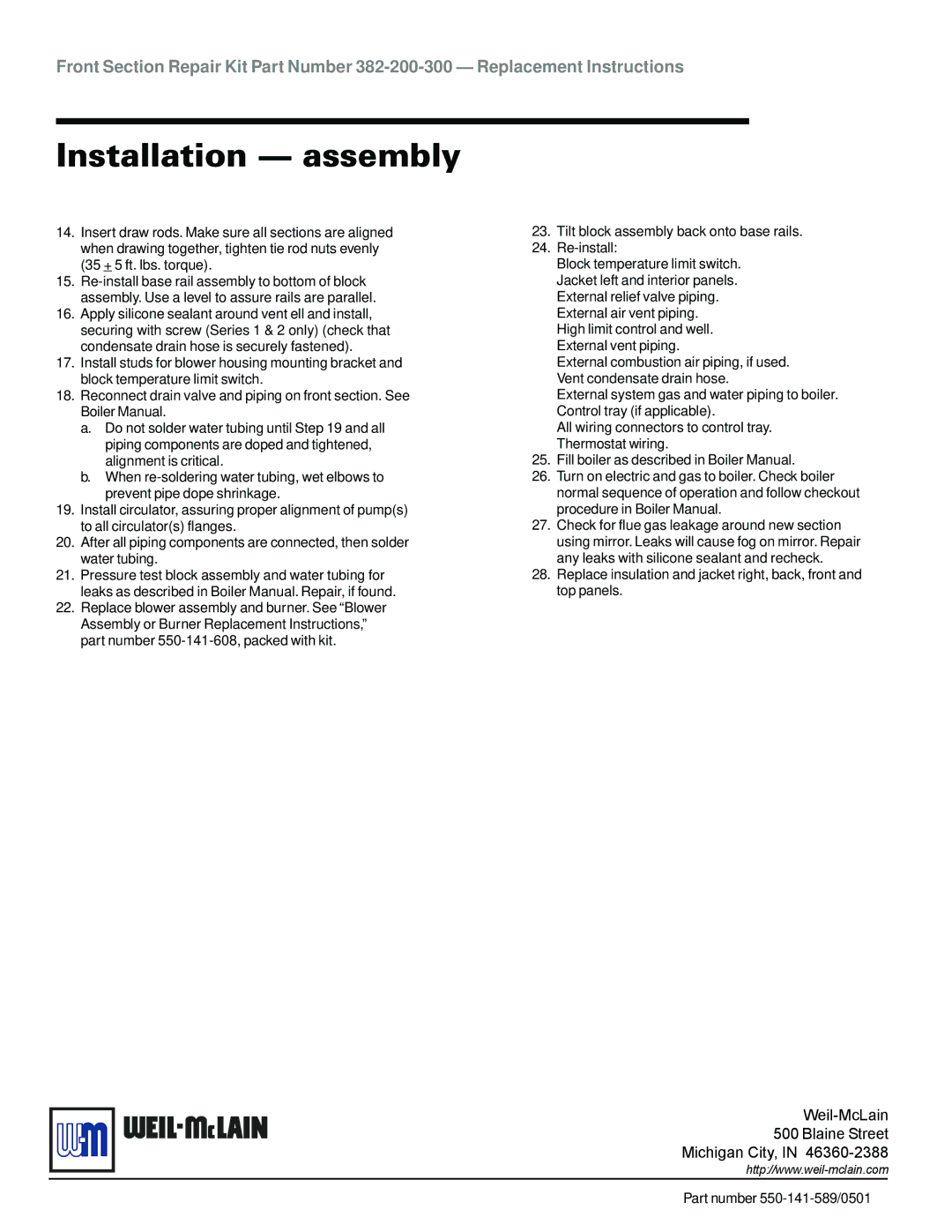 Weil-McLain 382-200-300 manual Installation assembly, Tilt block assembly back onto base rails Re-install 