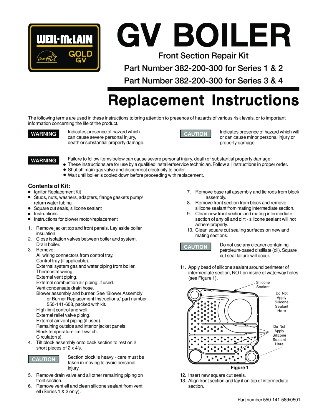 Weil-McLain 382-200-300 manual Gv Boiler, Replacement Instructions, Front Section Repair Kit, Contents of Kit 