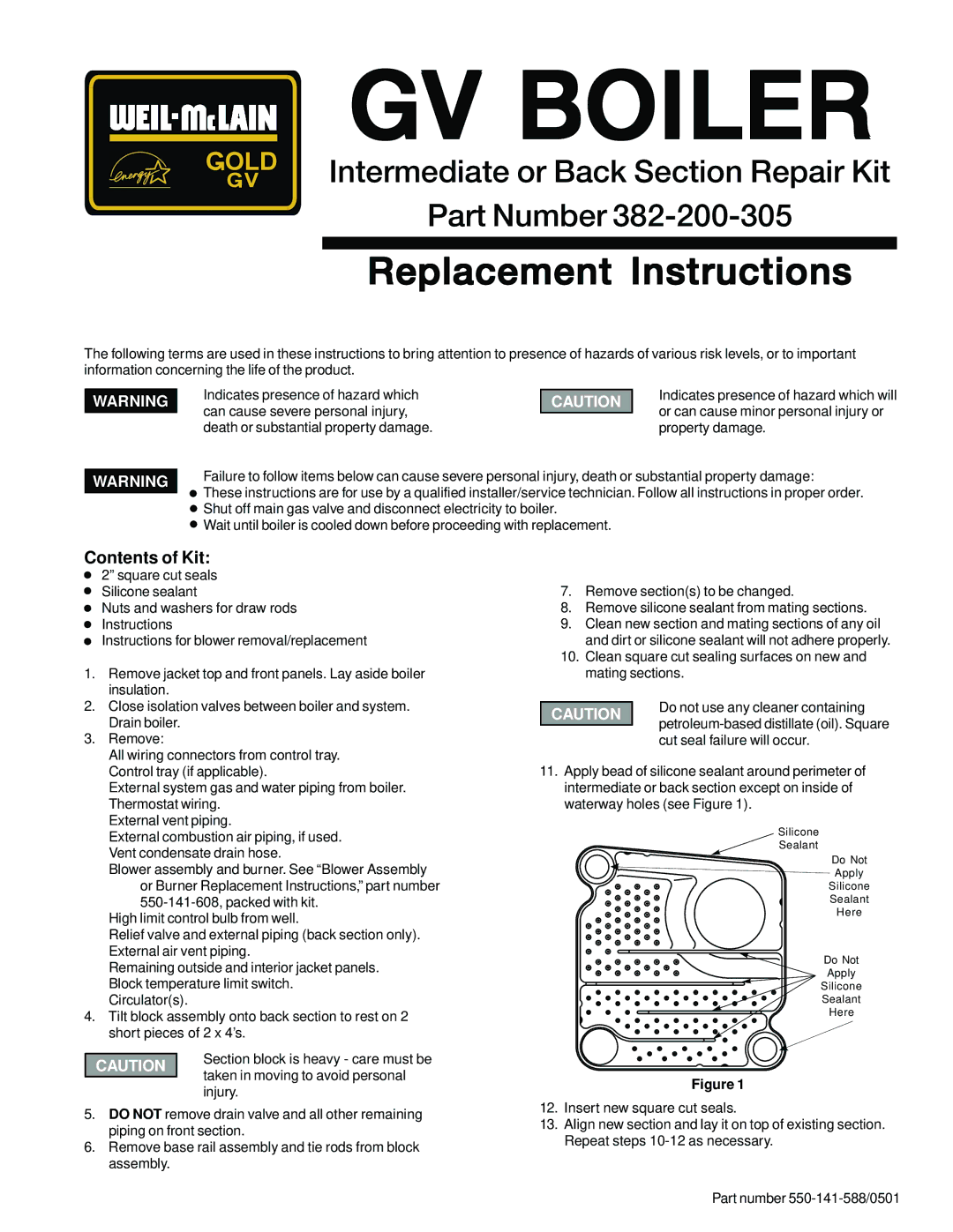 Weil-McLain 382-200-305 manual GV Boiler, Replacement Instructions, Contents of Kit 