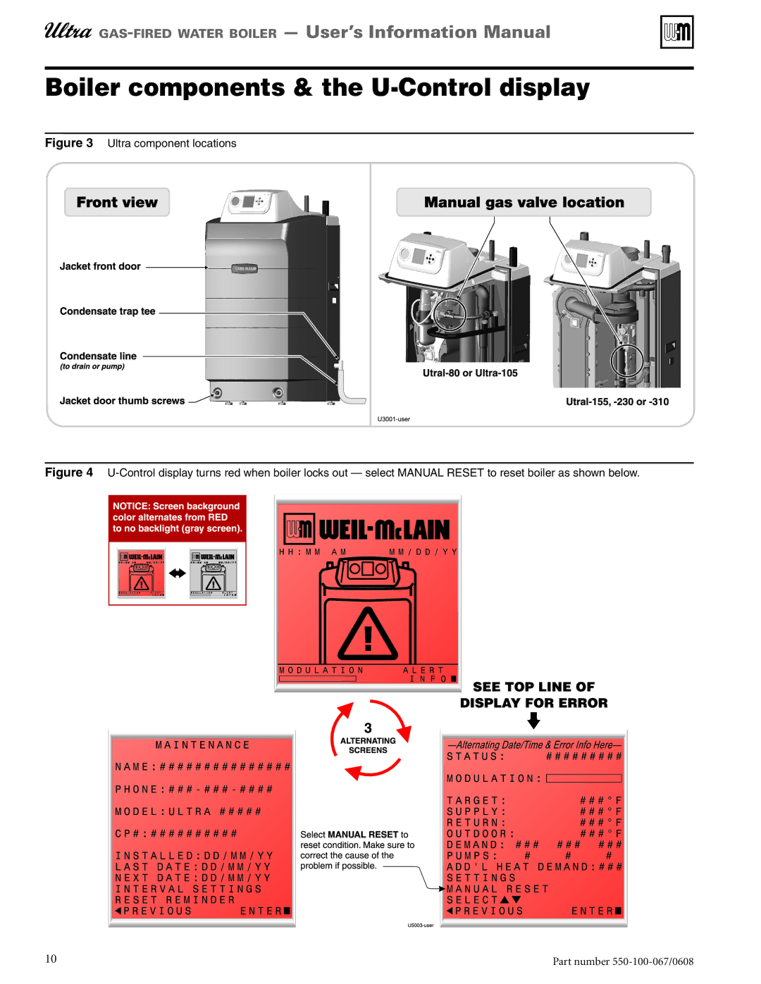 Weil-McLain 550-100-067/0608 manual Boiler components & the U-Control display, Ultra component locations 