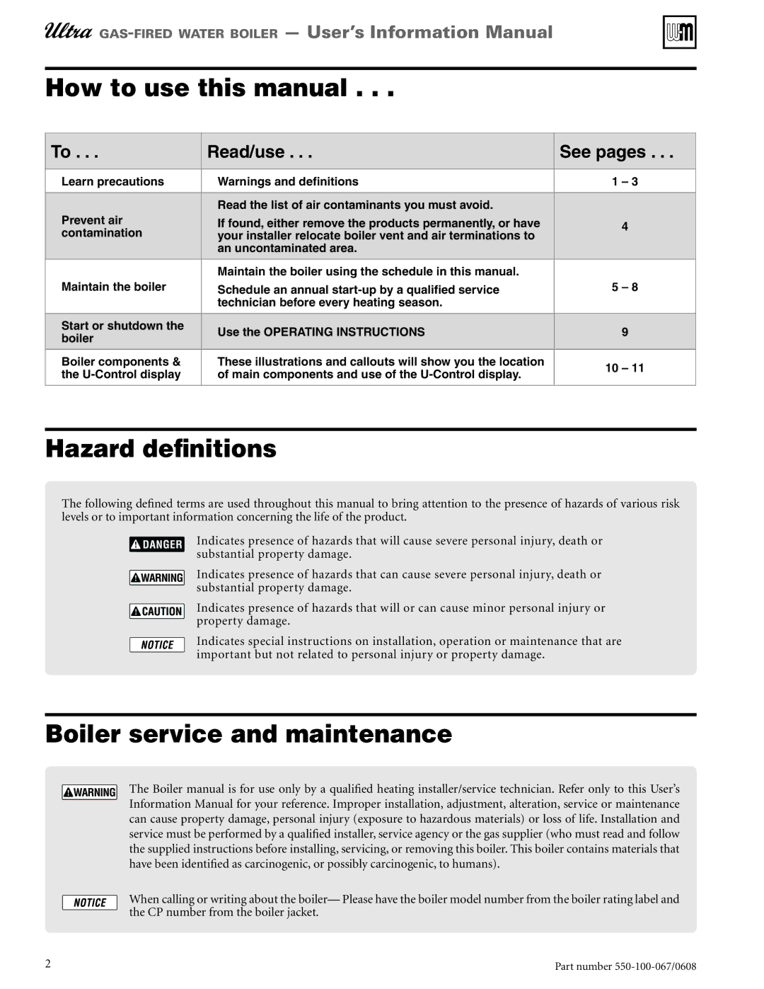 Weil-McLain 550-100-067/0608 How to use this manual, Hazard definitions, Boiler service and maintenance 