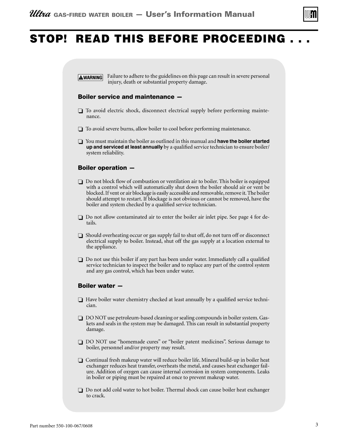 Weil-McLain 550-100-067/0608 manual STOP! Read this Before Proceeding 